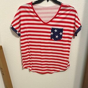 Red and White Striped Women's Top with Blue Star Pocket